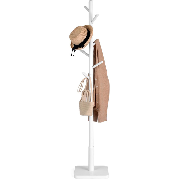 VASAGLE Coat Rack, Clothes Rack Solid Wood, Tree Shape Jacket Stand, 8 Hooks for Jackets, Hats, for Entryway, Hooks and Hold Bar Made of Rubber Wood, Cloud White RCR010W02