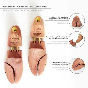 Lumaland® Premium Cedarwood Shoe Trees for Women and Men | Double spring for perfect shape retention, split & adjustable front piece | Includes cotton storage bag