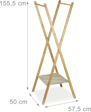 Relaxdays Bamboo Clothes Rack, HBT: 155.5 x 50 x 57.5 cm, Coat Rack with Practical Shoe Storage, Space-Saving, Foldable as a Clothes Dryer and Wardrobe with 2 Wooden Clothes Rails, Natural