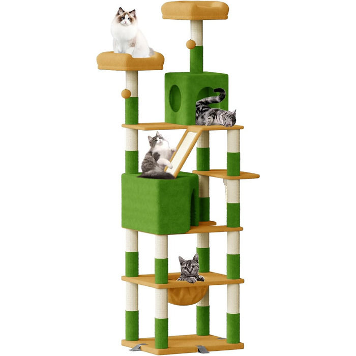 Великий котячий комплекс Kratzbaum 208 см з 3 анти-нахилом, 15 стовпчиками для дряпання, 2 платформами, 2 ховалами, 1 рампою для дряпання та гамаком. Стабільний котячий будиночок для великих котів (зелений + жовтий)