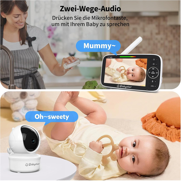 Дитячий відеоняня Babystar з камерою, 5 дюймів, 720P HD, без Wi-Fi, акумулятор 4000 mAh, Vox-функція, датчик температури, нічне бачення, 2-сторонній аудіо