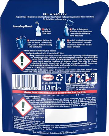 Концентрат для миття посуду PRIL Mix & Clean для дозаправки, засіб для ручного миття з високою жиророзчинною здатністю (9 x 120 мл)