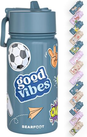 Дитяча термопляшка Bearfoot з нержавіючої сталі з трубочкою, 400 мл, без BPA, не протікає, для малюків, дівчаток та хлопчиків, ідеально для школи та садочка (Блакитна з наліпкою)