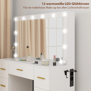 HOMCOM Vanity Table with Mirror and 12 LED Lights - Dressing Table with 7 Drawers, 6 Hidden Storage Compartments, Particleboard, White