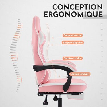 Ігрове крісло Gaming Chair з підніжкою та ергономічною підтримкою попереку, регульована спинка 90-135°, офісне крісло для геймерів, рожево-біле