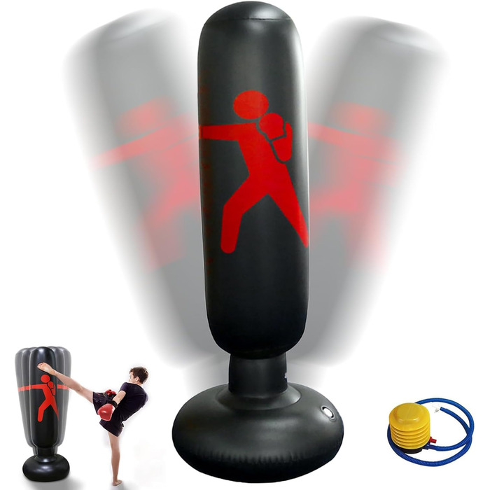 Надувний боксерський мішок для дітей 160 см, рукавиці та насос - для занять боксом, карате в приміщенні та на вулиці, чорний