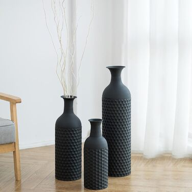 Vintage Black Tall Floor Vase Set of 3 - 68/51/41cm Metal Honeycomb Texture Matte Decorative Vase for Living Room, Dining Room, Bedroom, Office & Home Décor