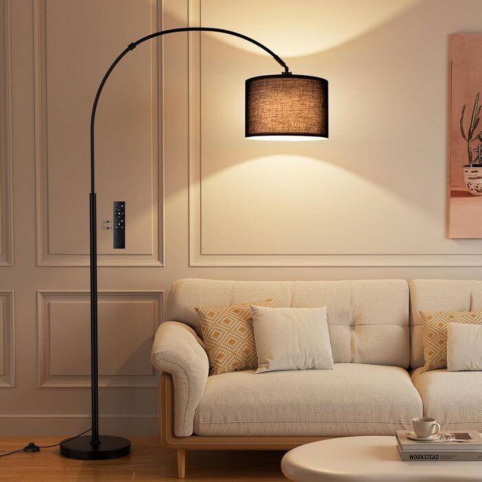 Торшер для вітальні Stehlampe з димером, LED E27, пульт ДУ, 3000K-6000K, бежевий (чорний абажур + чорна база)