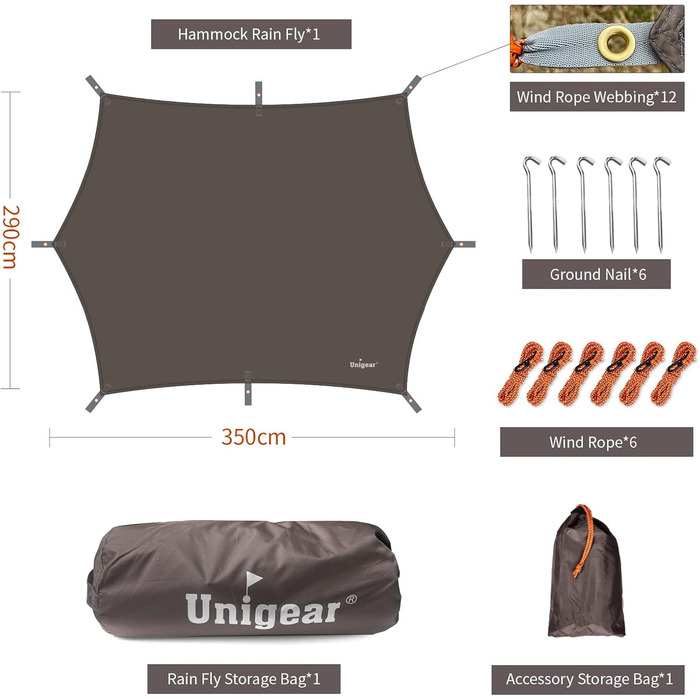 Водонепроникний тент Unigear, 350x290/450x420 см, шестигранний, з люверсами + 6 шпильок + 6 мотузок. Захист від сонця та дощу для кемпінгу, пікніка, фестивалів.