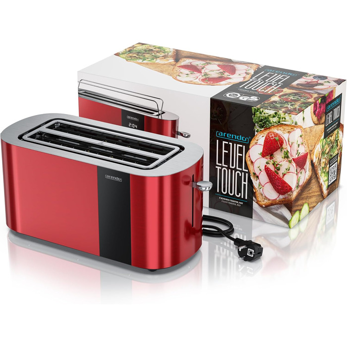 Тостер Arendo з нержавіючої сталі, 4-х секційний, з широкими слотами, сенсорний дисплей, подвійні стінки, 1500 Вт, підставка для булочок, 6 рівнів підсмажування, центрування хліба, індикатор часу, функція пам'яті (червоний)