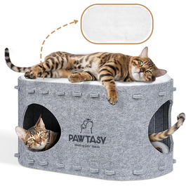 Felt Cat Cave Bed Cat House for Indoor Cats, Cave with 2 Soft and Warm Cushions, Winter-Proof, Protects Cat Claws, 58W x 33D x 30H cm, (Gray)