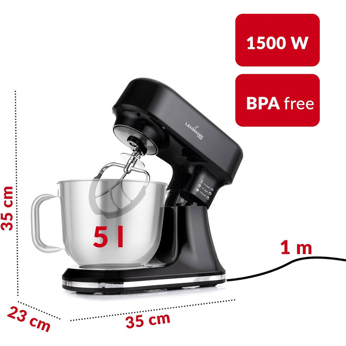 Кухонна машина Lehmann з дисплеєм, 12 швидкостей, функція ферментації з підігрівом, вбудована вага, таймер, міксер з 3 насадками та 5л чашею