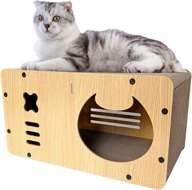 Cat Cave with Scratching Board, XXL Indoor Cat House made of Cardboard, Cardboard Scratcher for Cats, Scratching Pad Lounge, Durable Cat Toy 55 * 29 * 28cm (Little Monster)