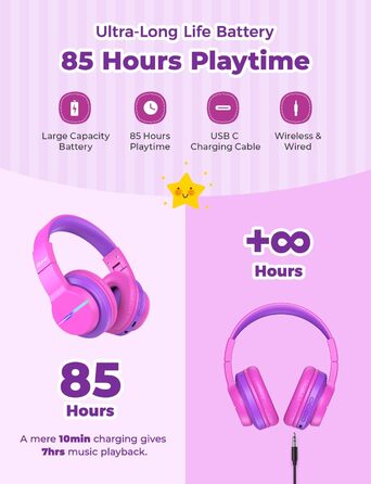 iClever Бездротові навушники для дітей з LED-підсвіткою, Over-Ear, Bluetooth 5.2, мікрофон, BTH12 Рожевий/Фіолетовий