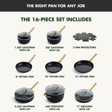 GreenPan Reserve Hard Anodized, Healthy Ceramic Non-Stick Coating, 16-Piece Cookware Set, Pots and Pans, Golden Handle, PFAS-Free, Dishwasher Safe, Oven Safe, Black 16 Piece Cookware Pots and Pans Set Schwarz