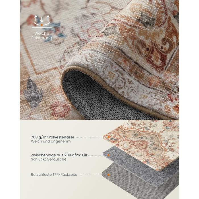 Килимок SONGMICS HOME Vintage, 120x170 см, для вітальні, спальні, кухні, коридору, їдальні, миючий, з антиковзаючим покриттям, TAR032G01 (Cappuccinobeige, 200B x 290L см)