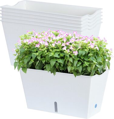 Самополивні прямокутні квіткові горщики Blumenkasten, 6 шт., з дренажними отворами та вентиляційними піддонами, для овочів, квітів, для підвіконня, тераси, балкона, саду, білого кольору