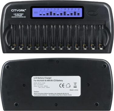 Зарядний пристрій CITYORK 12 Bay LCD з інтелектуальним захистом IC для AA/AAA NI-MH/NI-аккумуляторів, з адаптером та комплектом AA-аккумуляторів