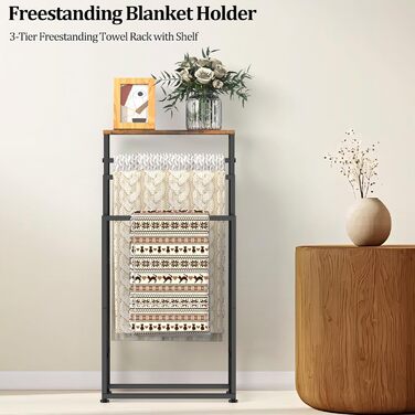 Підставка для рушників стояча, 3-ярусна з полицею з дерева, металева, з регульованими ніжками, для ванної кімнати та спальні, 40x30x82 см (колір: коричневий)