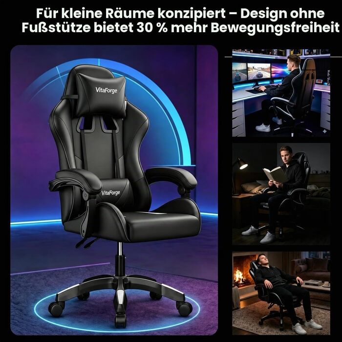 Ігрове крісло Gaming-Sessel для офісу та геймерів, з динамічною підтримкою попереку, регулюванням висоти та підлокітників, обертання на 360°, м'яка оббивка, чорне