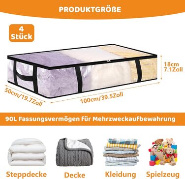 4 шт. Коробки для зберігання під ліжко 90л з кришкою, прозорі, великі, складані, з ручками, для постільних речей, подушок, одягу (4 шт.)