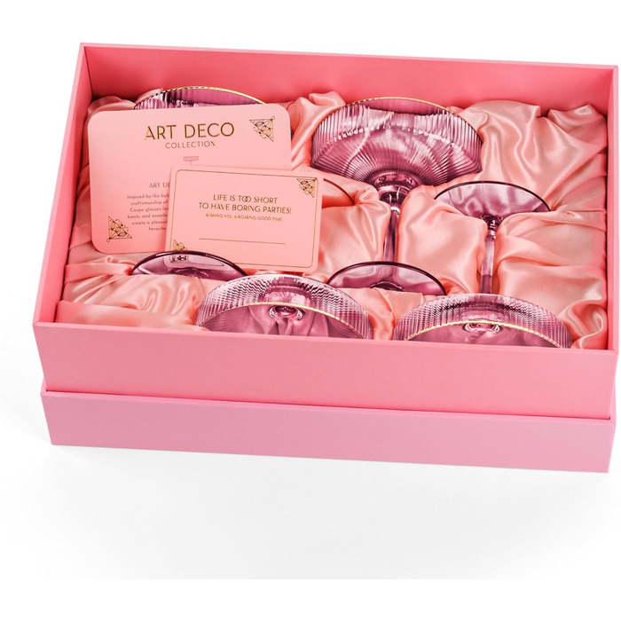 Набір келихів Art Deco з вишуканим рожевим кольором та золотим обідком (4 шт, 200 мл) | Для шампанського, коктейлів (Espresso Martini, Cosmopolitan, Daiquiri) | Скляні чаші для бару Speakeasy