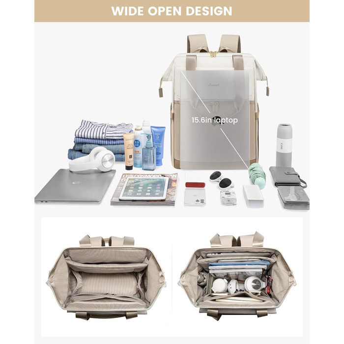 Сумка-рюкзак LOVEVOOK для жінок, водонепроникний рюкзак для ноутбука, шкільна сумка для підлітків, елегантний рюкзак для щодня, 15.6 дюймів, сумка для роботи, сумка для вчителя, рюкзак для подорожей, бежевий та хакі