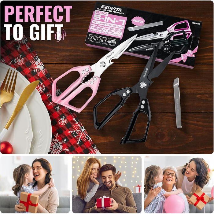 Кухонні ножиці 5-в-1 з пінцетом, титанове покриття, нержавіюча сталь, для кухні, птиці, риби, м'яса (чорний & рожевий)