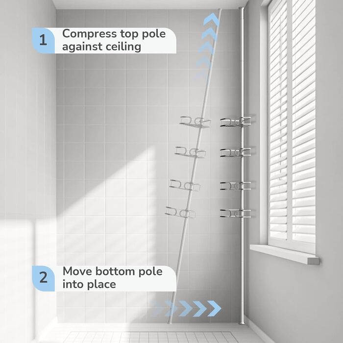 USHOWER Кутова шторка для душу з регульованою штангою, 4-ярусна, з органайзером для шампуню та мила, нержавіюча сталь, 130-307 см, срібляста