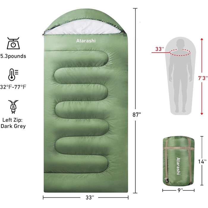 Спальний мішок Atarashi Camping 4-сезонний для дорослих, великий, теплий, з компресійним мішком. Підходить для походів, трекінгу та активного відпочинку (A6 Армійний зелений/Regular (83 x 224 см))