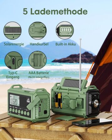 Радіоприймач Kurbelradio на 12000 mAh з ручним заводом, сонячною панеллю та SOS-сигналом. AM/FM/SW радіоприймач з USB-зарядкою, ліхтарик та світло для читання. Ідеально для кемпінгу, надзвичайних ситуацій та відключень електроенергії. Зелений колір.