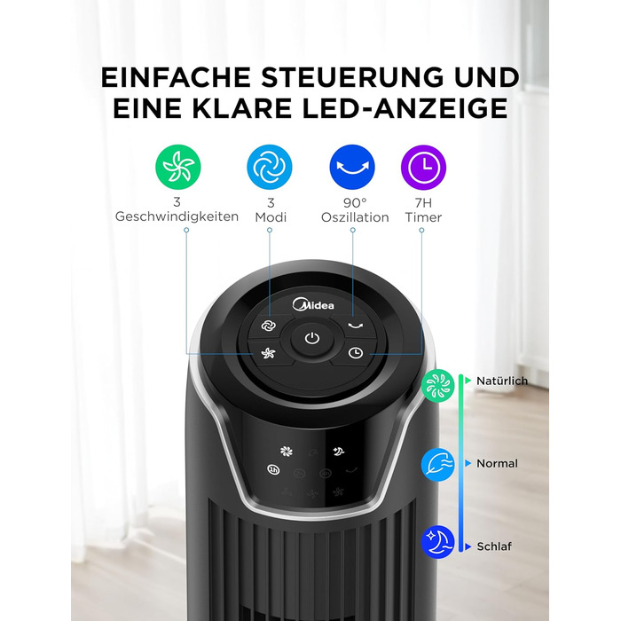 Вентилятор підлоговий Midea FZ10-17JR Tower 92 см з пультом, 3 режими, 3 швидкості, таймер 7 год, чорний