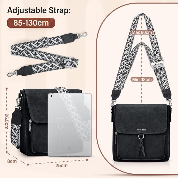 Сумка жіноча RAINSMORE через плече середнього розміру, шкіряна PU, чорна. Кросбоді сумка з широким ременем