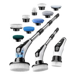 Електрична щітка для чищення з 9 насадок, щітка для швів, водонепроникна IPX8, електричний спін-скреббер з регульованою ручкою, 2 швидкості, для ванної кімнати, кухні, авто, біла+чорна