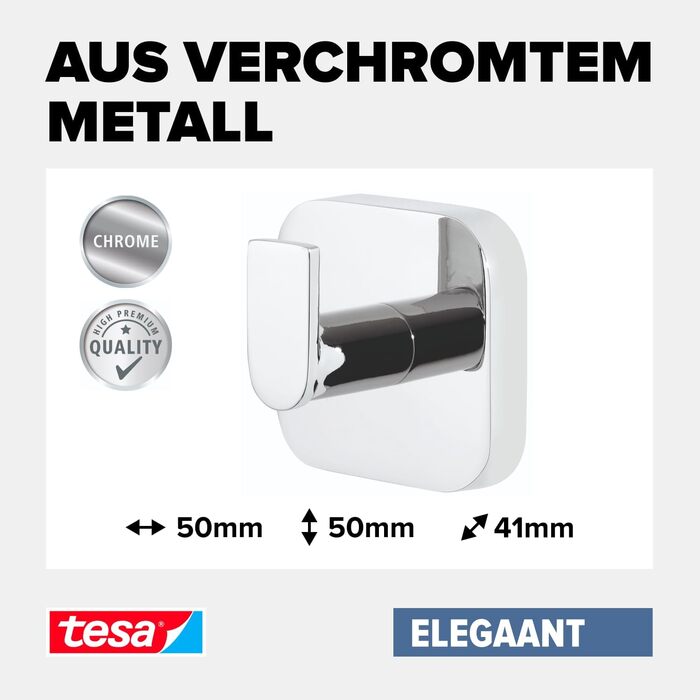tesa ELEGAANT Towel Hook, Chrome - Bathroom Hook for Wall Mounting without Drilling, including Adhesive Solution - 50 mm x 50 mm x 41 mm