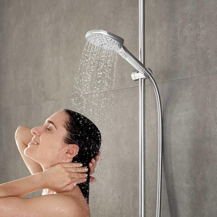 Hansgrohe Raindance Select E - water-saving showerhead 9 l/min (EcoSmart), handheld shower with 3 spray patterns, square shower head (120 x 120 mm), water-saving showerhead with anti-limescale function, Chrome, 26521000
