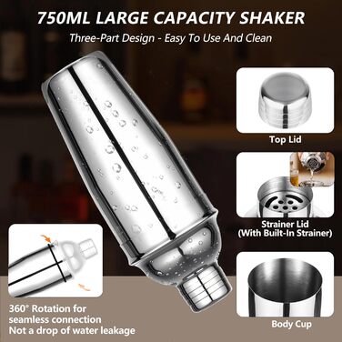 12-Piece Cocktail Shaker Set, 750ml Stainless Steel Cocktail Set with Bamboo Stand & Recipe Book, Cocktail Shaker Set, Gift for Men, Women (Home Bar, Party, Wedding)