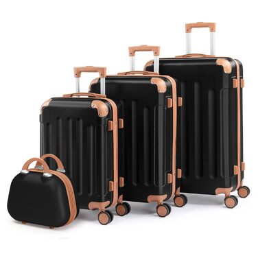 Набір валіз LALAHO 4 шт. з жорстким корпусом, ABS, з колесами | Чорний-коричневий | З косметичним осередком
