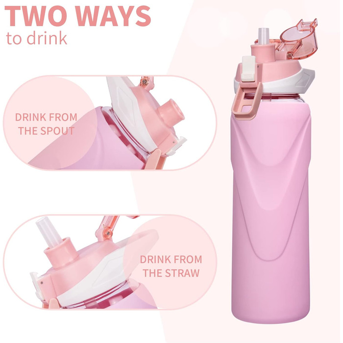 1 liter / 1l Drinking Bottle Glass with Straw BPA-Free Glass Bottle with Silicone Sleeve Borosilicate Glass Water Bottle (Pastel Pink)