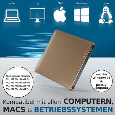 Зовнішній Blu-ray привід techPulse120 UHD 4K 3D M-Disc BDXL, USB 3.0 та USB-C, Slim Superdrive для ноутбуків та ПК (Windows, Mac OS), Алюміній, Золотий
