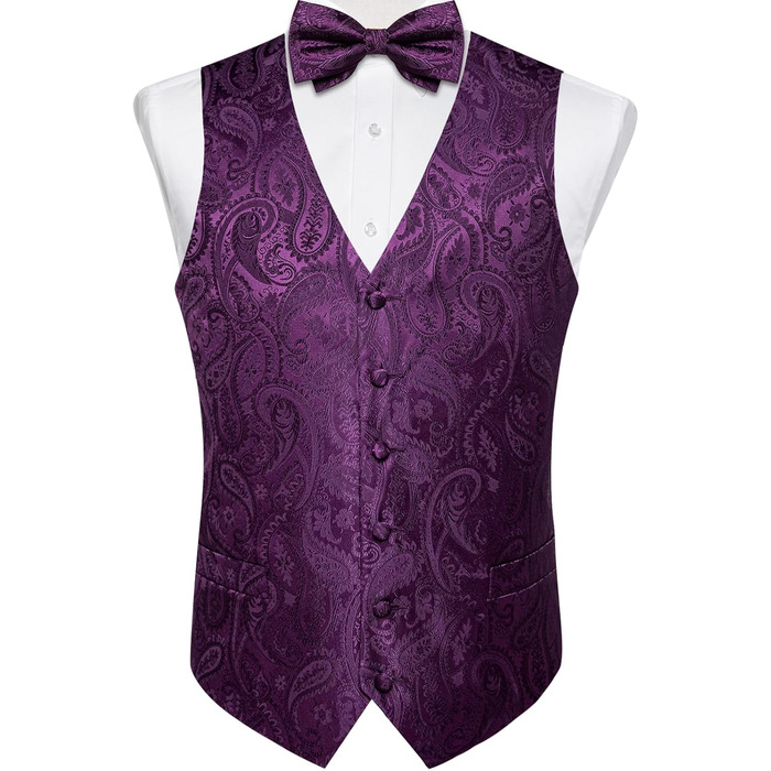 Набір DiBanGu для чоловіків: шовкова жилетка та краватка з паєтками, попередньо зав'язаний бантик, для весілля, свят, 6 шт., колір: фіолетовий (M)