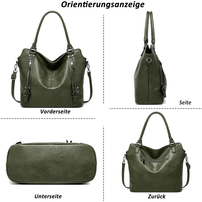 Сумка жіноча TANTOMI елегантна вінтажна, велика сумка-шопер через плече з м'якого матеріалу, знімний ремінець, темно-зелена