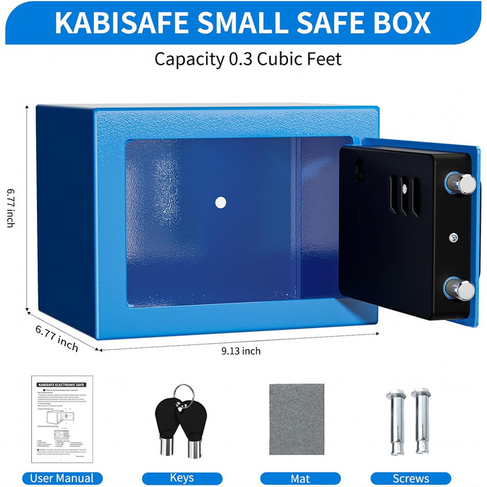 KABISAFE Сейф цифровий 6,8 л, маленький сейф для дому, електронна касета безпеки, настінний сейф для домашнього офісу з 2 ключами, міні-сейф 23 x 17 x 17 см, блакитний