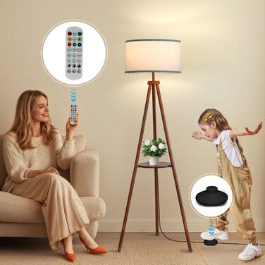 Стельова лампа з полицею, пульт дистанційного керування, 3 колірні температури, тринога, для вітальні, спальні, офісу (горіх), бежевий абажур