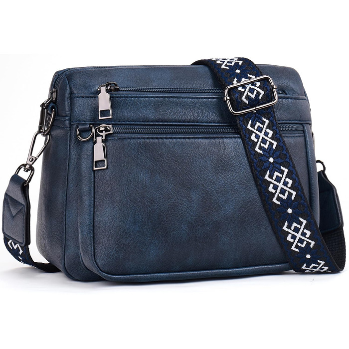 Сумка жіноча через плече MUIIKOLA середнього розміру шкіряна темно-синього кольору з широким м'яким ременем