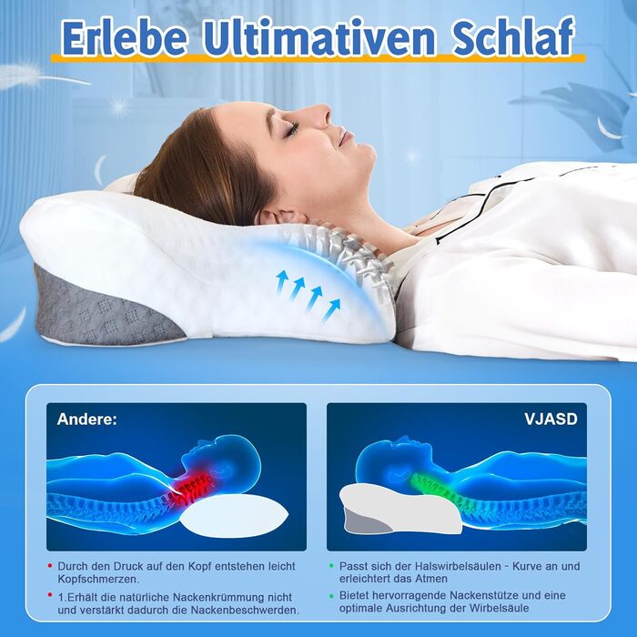 Ортопедична подушка для шиї VJASD з піною з пам'яті - ергономічна подушка для голови проти болю в шиї, регульована по висоті для тих, хто спить на боці з дихаючим чохлом для спокійного сну, білий
