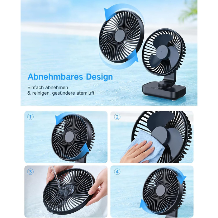 Портативний вентилятор настільний з акумулятором, тихий (30 дБ), 4 швидкості, LED дисплей, USB-C, знімний, для дому та офісу