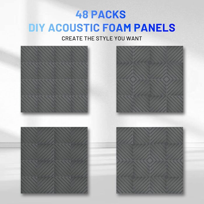 Акустичні пірамідні панелі Focusound для шумоізоляції стін, звукопоглинаючий спінений поролон високої щільності, 30.5 x 30.5 x 2.5 см, сірі, 48 шт.