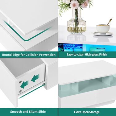 Журнальний стіл YITAHOME білий, глянець, з LED-підсвіткою 16 кольорів, сучасний стіл для вітальні з відкритою полицею і 4 висувними шухлядами, 90x55x41,1 см