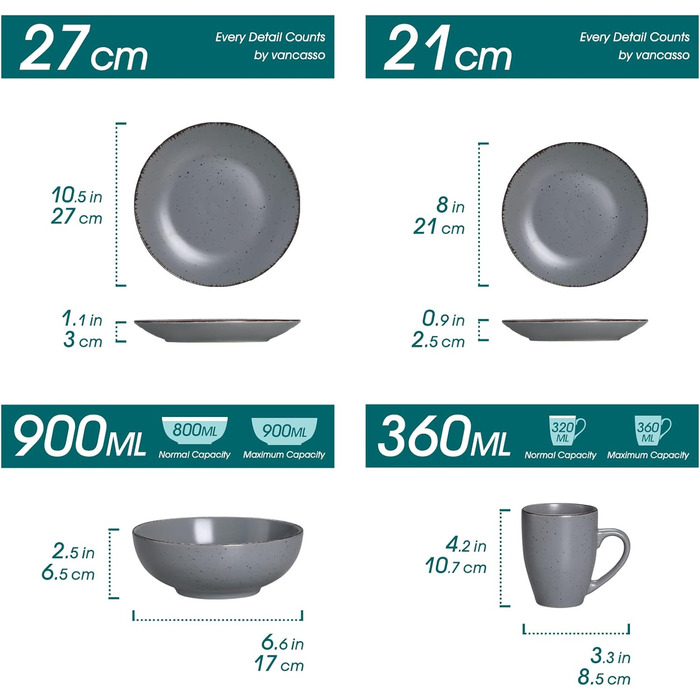 Tableware Stoneware, vancasso MODA Dinnerware Set, Vintage Look, 16-Piece Combination Service with 4 Dinner Plates, Dessert Plates, Bowls, and Cups Each Gray 16-Piece for 4 Gray